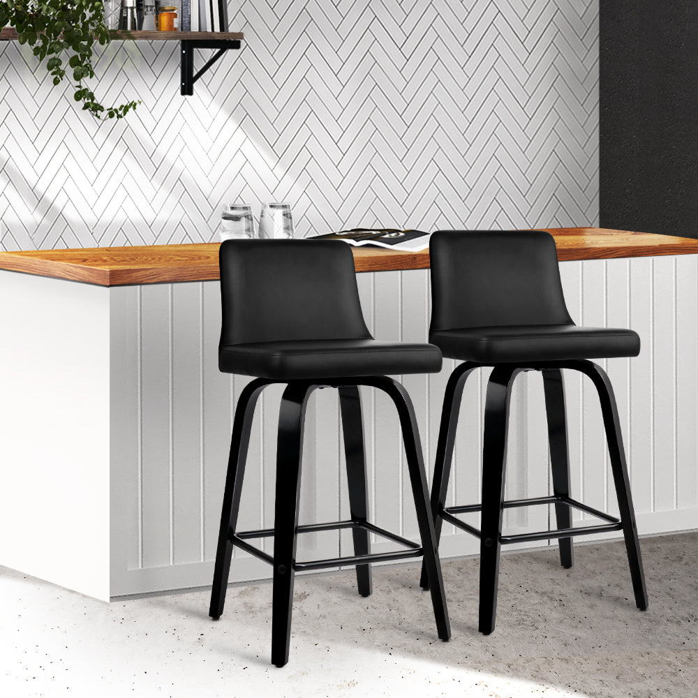 Set of 2 Florina Wooden PU Leather Bar Stool - Black