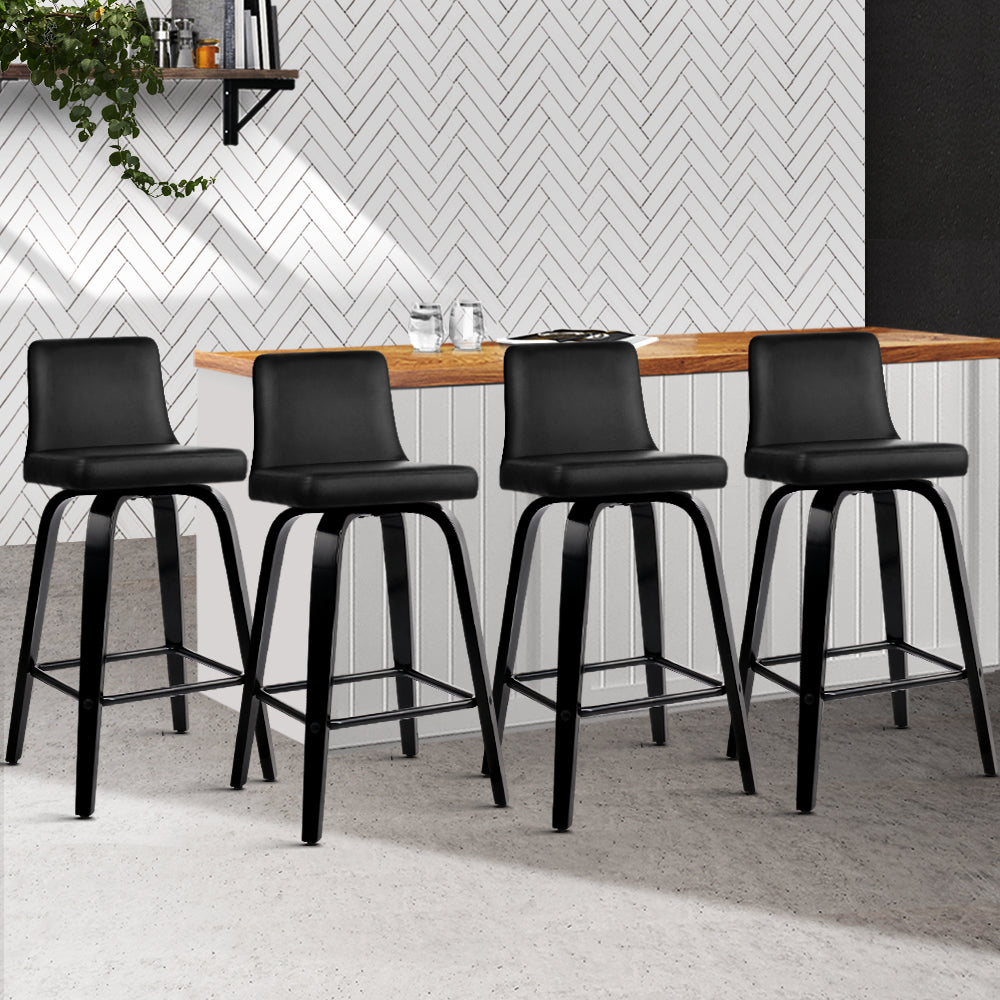 Set of 4 Florina Wooden PU Leather Bar Stool - Black