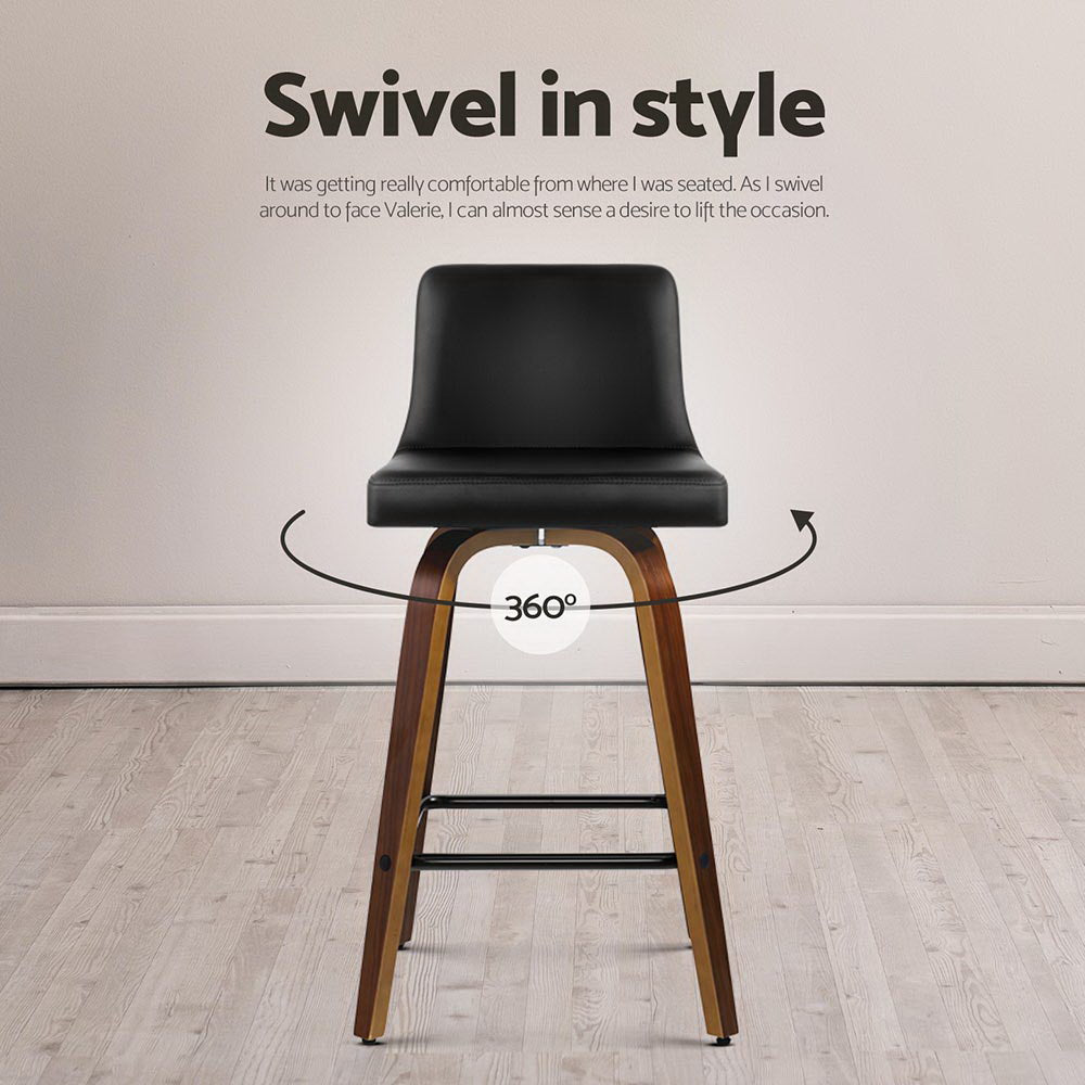Set of 4 Florina Bar Stools Swivel Leather Padded Wooden - Black