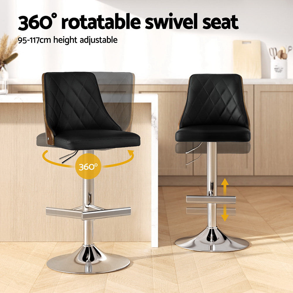 Set of 2 Chonchi Bar Stool Wood Swivel Adjustable Kitchen Counter Stool Leather - Black