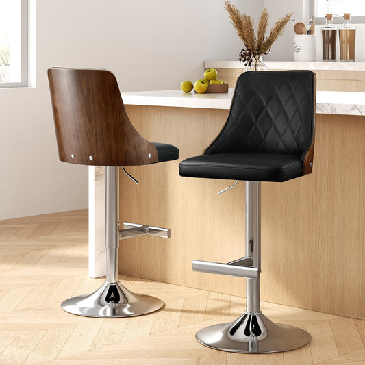 Set of 2 Chonchi Bar Stool Wood Swivel Adjustable Kitchen Counter Stool Leather - Black