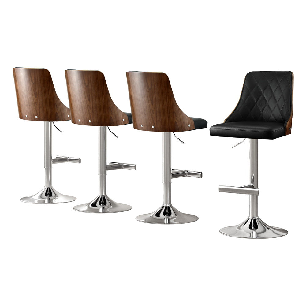 Set of 4 Chonchi Bar Stool Wood Swivel Adjustable Kitchen Counter Stool Leather - Black
