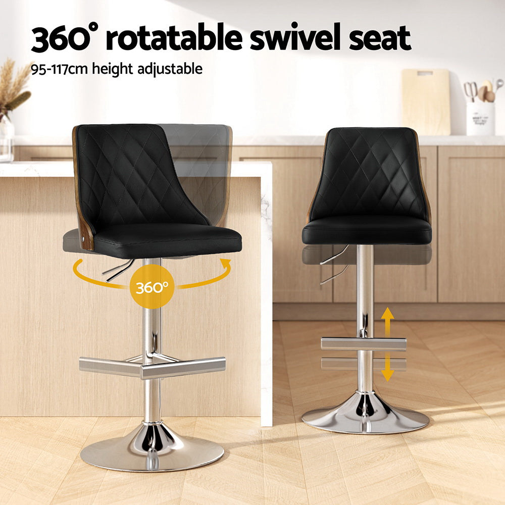 Set of 4 Chonchi Bar Stool Wood Swivel Adjustable Kitchen Counter Stool Leather - Black