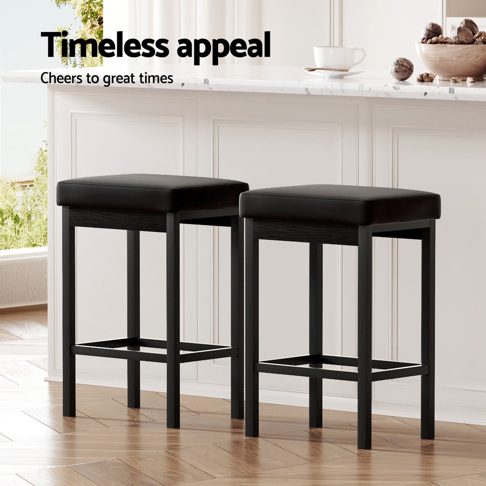 Set of 2 Dukhan Metal Bar Stools PU Seat Dining Counter Chairs - Black