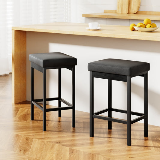 Set of 2 Dukhan Metal Bar Stools PU Seat Dining Counter Chairs - Black