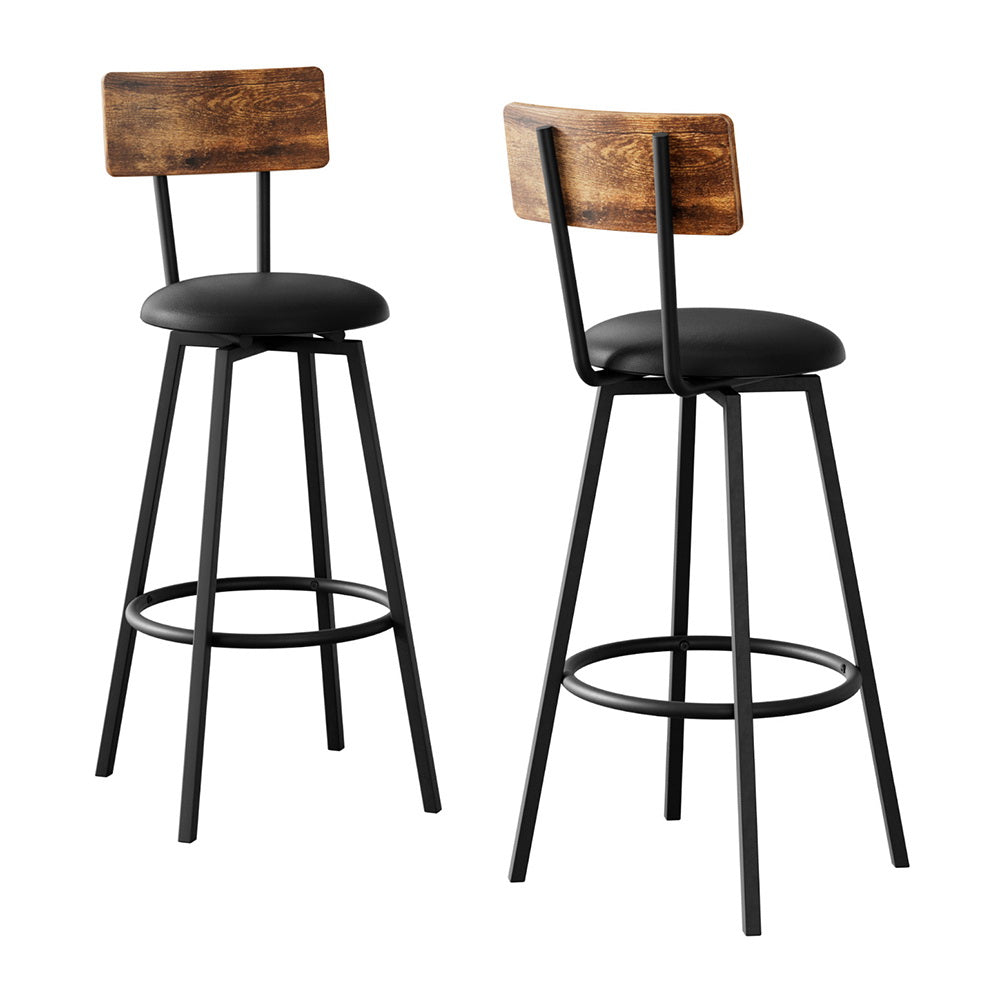Set of 2 Kiffa Industrial Bar Stools Upholstered Counter Chairs Steel Frame Anti-Scratch - Walnut