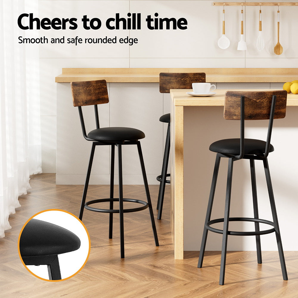 Set of 2 Kiffa Industrial Bar Stools Upholstered Counter Chairs Steel Frame Anti-Scratch - Walnut