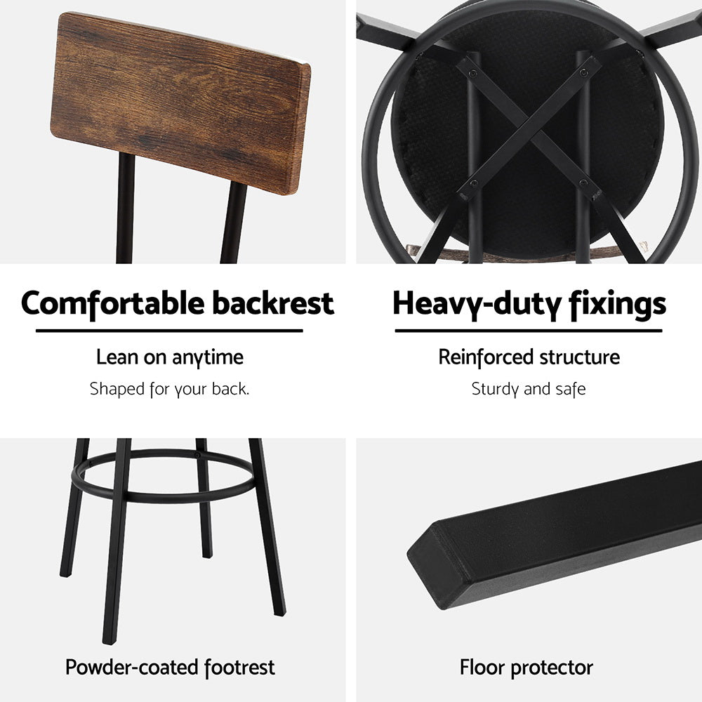 Set of 2 Kiffa Industrial Bar Stools Upholstered Counter Chairs Steel Frame Anti-Scratch - Walnut