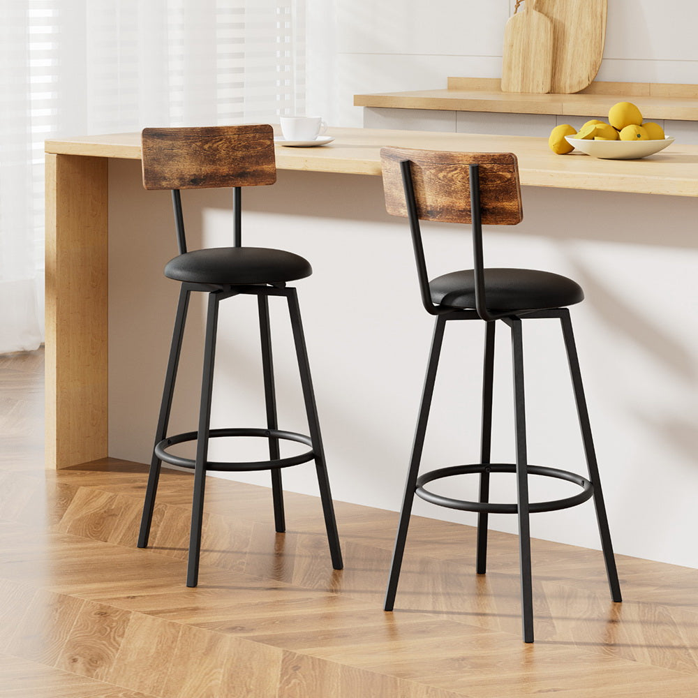 Set of 2 Kiffa Industrial Bar Stools Upholstered Counter Chairs Steel Frame Anti-Scratch - Walnut