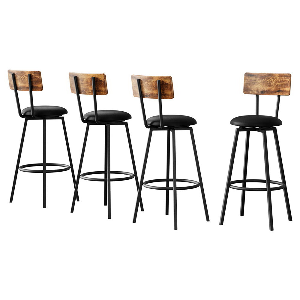 Set of 4 Kiffa Industrial Bar Stools Upholstered Counter Chairs Steel Frame Anti-Scratch - Walnut