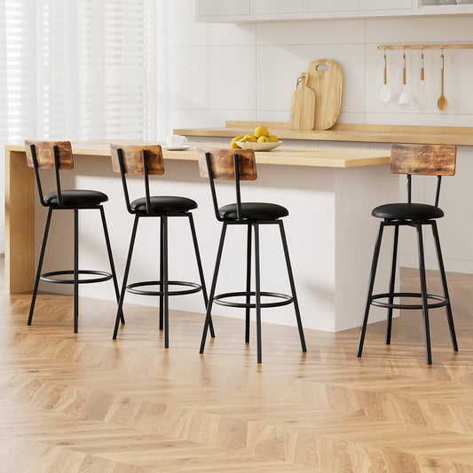 Set of 4 Kiffa Industrial Bar Stools Upholstered Counter Chairs Steel Frame Anti-Scratch - Walnut