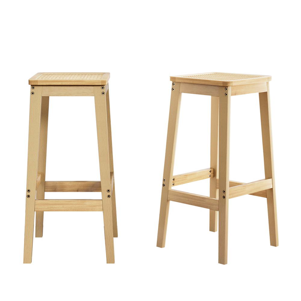 Set of 2 Brussels Bar Stools Rubber Wood Stool Counter Chair Rattan Barstools Kitchen - Natural Wood