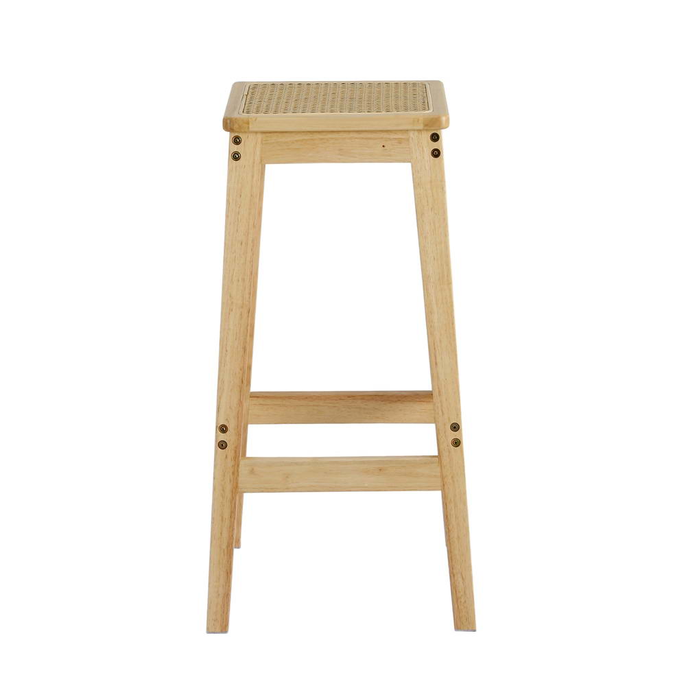Set of 2 Brussels Bar Stools Rubber Wood Stool Counter Chair Rattan Barstools Kitchen - Natural Wood