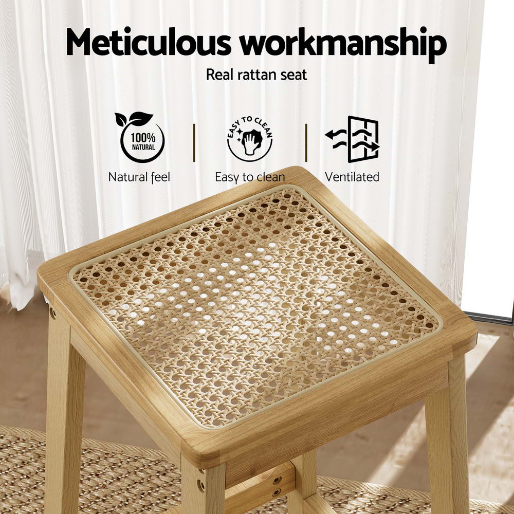 Set of 2 Brussels Bar Stools Rubber Wood Stool Counter Chair Rattan Barstools Kitchen - Natural Wood