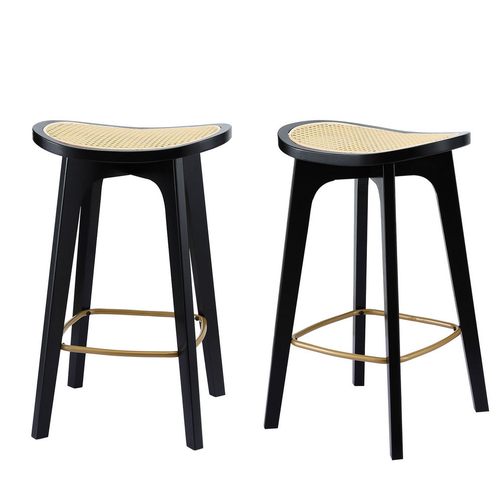 Set of 2 Lisbon Bar Stools Rattan Counter Kitchen Dinning Chair Bamboo Saddle - Black