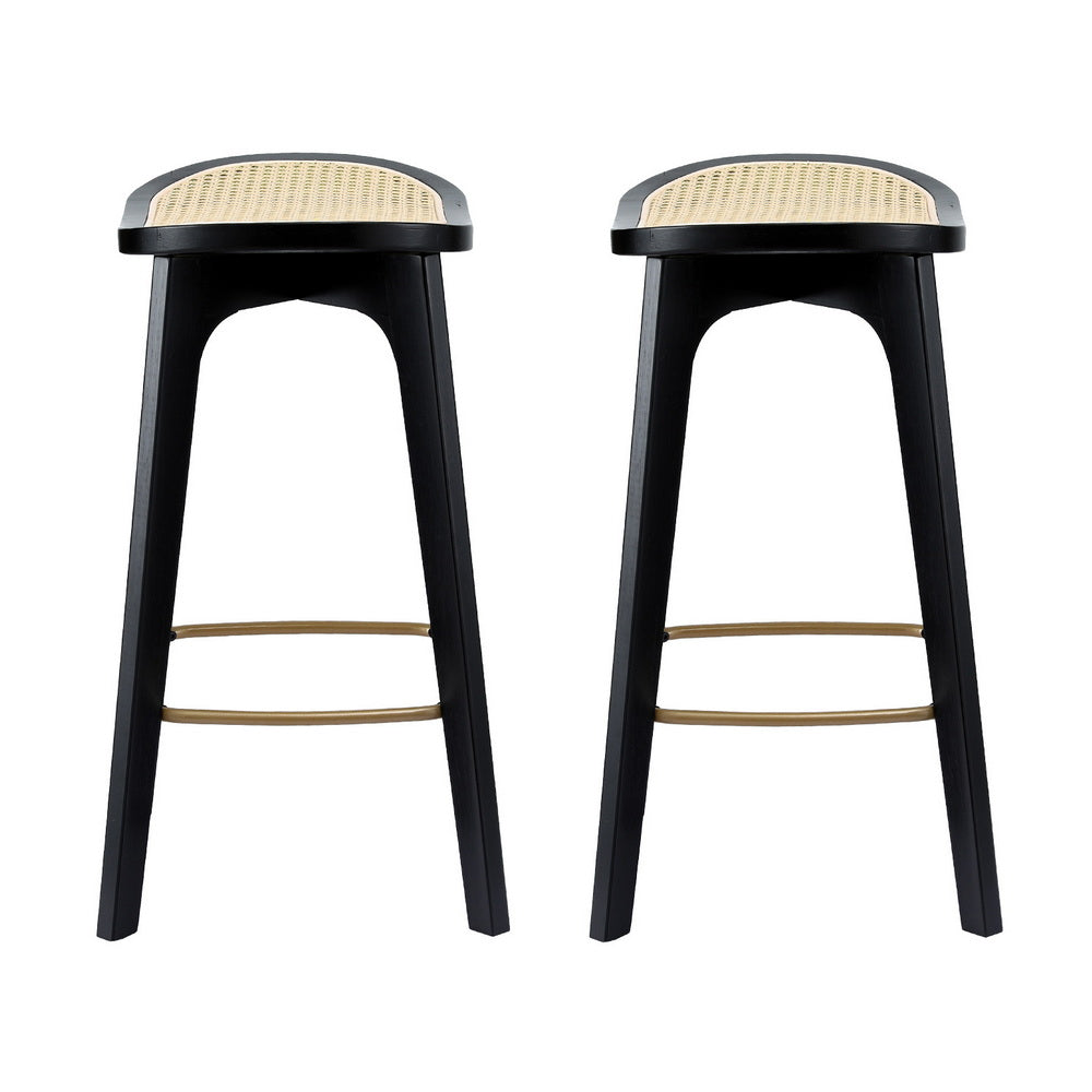 Set of 2 Lisbon Bar Stools Rattan Counter Kitchen Dinning Chair Bamboo Saddle - Black