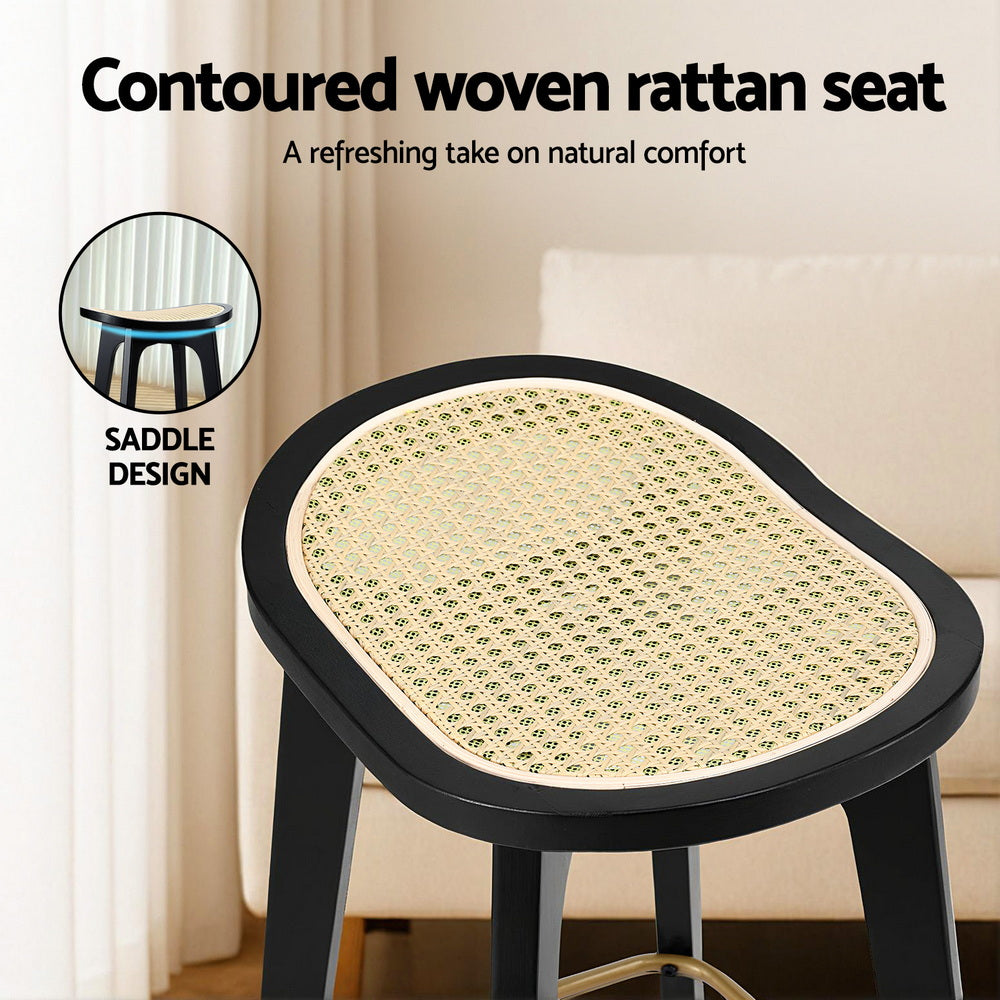 Set of 2 Lisbon Bar Stools Rattan Counter Kitchen Dinning Chair Bamboo Saddle - Black