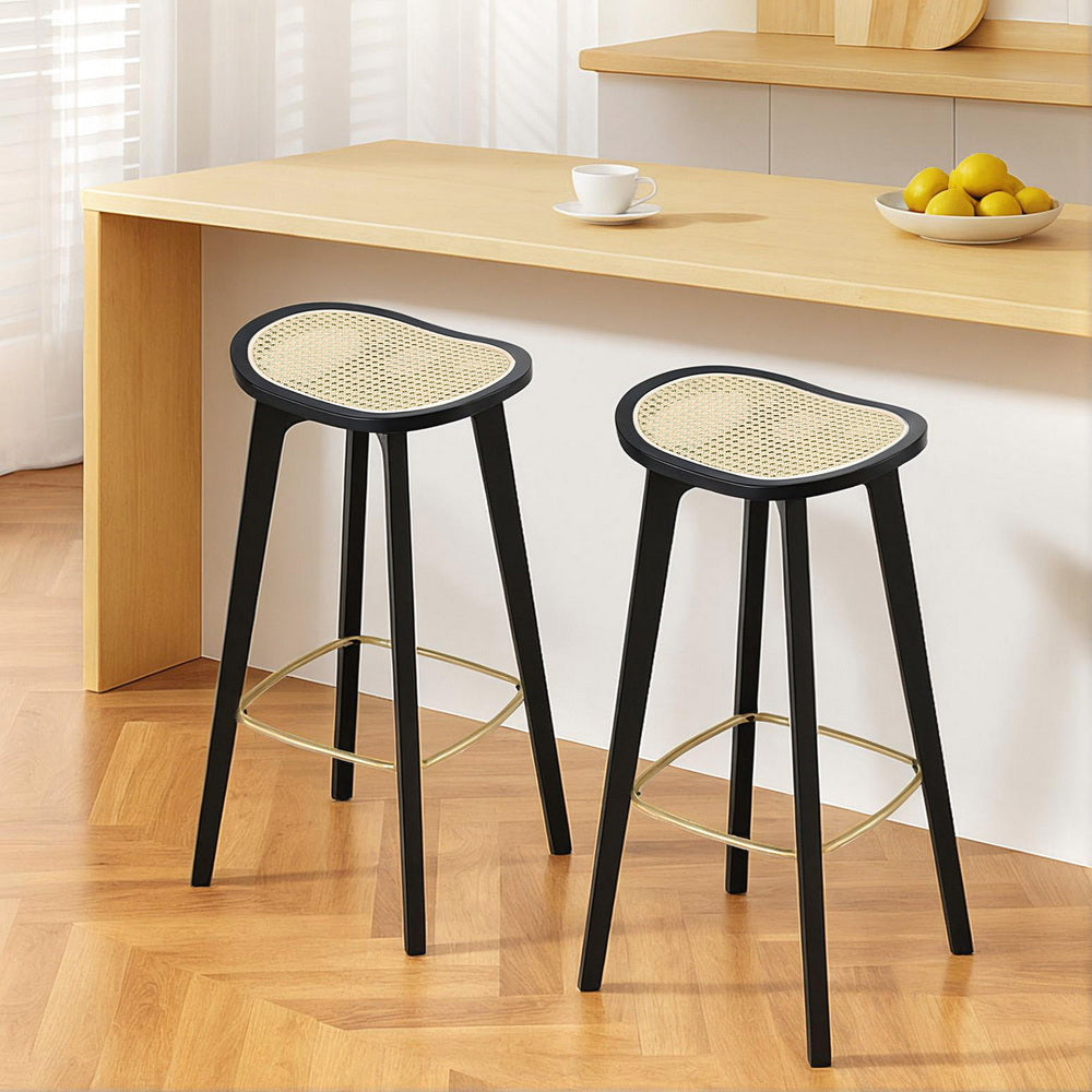 Set of 2 Lisbon Bar Stools Rattan Counter Kitchen Dinning Chair Bamboo Saddle - Black