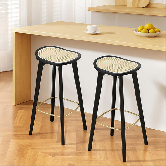 Set of 2 Lisbon Bar Stools Rattan Counter Kitchen Dinning Chair Bamboo Saddle - Black