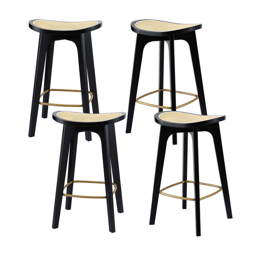 Set of 4 Lisbon Bar Stools Rattan Counter Kitchen Dinning Chair Bamboo Saddle - Black