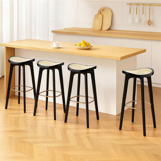Set of 4 Lisbon Bar Stools Rattan Counter Kitchen Dinning Chair Bamboo Saddle - Black