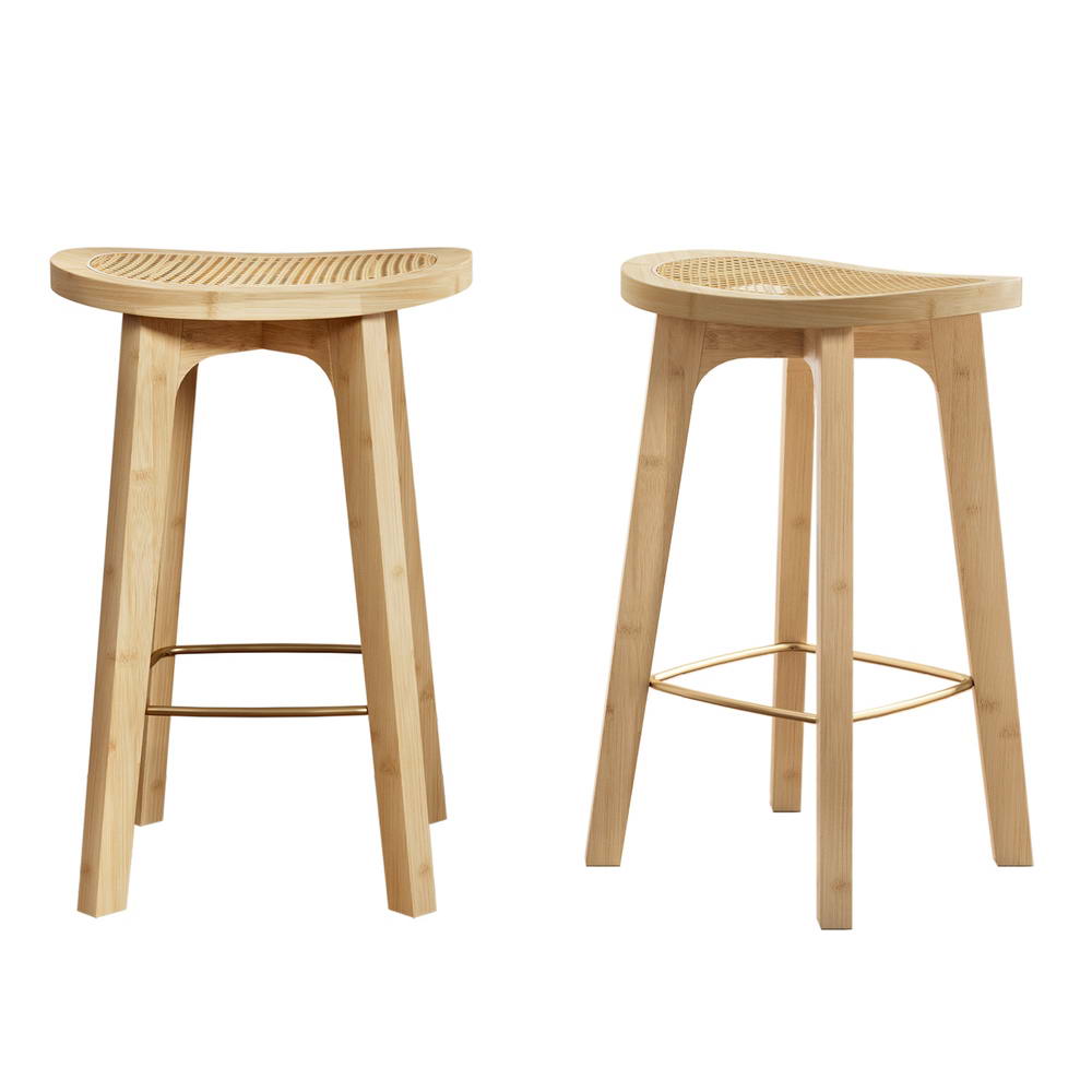 Set of 2 Lisbon Bar Stools Bamboo Rattan Stool Counter Chair Kitchen Barstools - Natural Wood