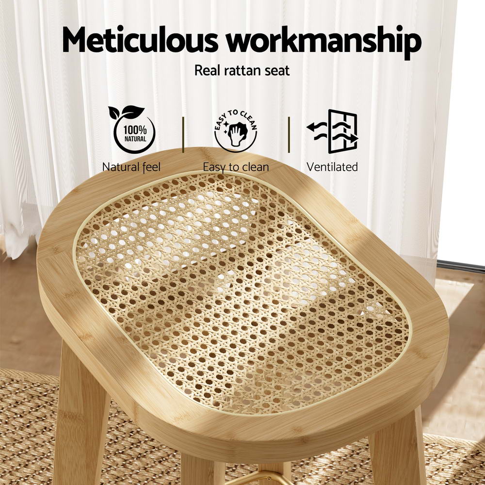 Set of 2 Lisbon Bar Stools Bamboo Rattan Stool Counter Chair Kitchen Barstools - Natural Wood