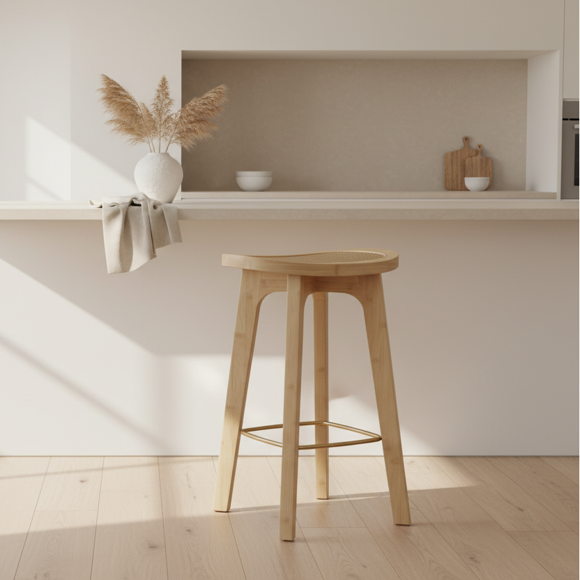 Set of 2 Lisbon Bar Stools Bamboo Rattan Stool Counter Chair Kitchen Barstools - Natural Wood