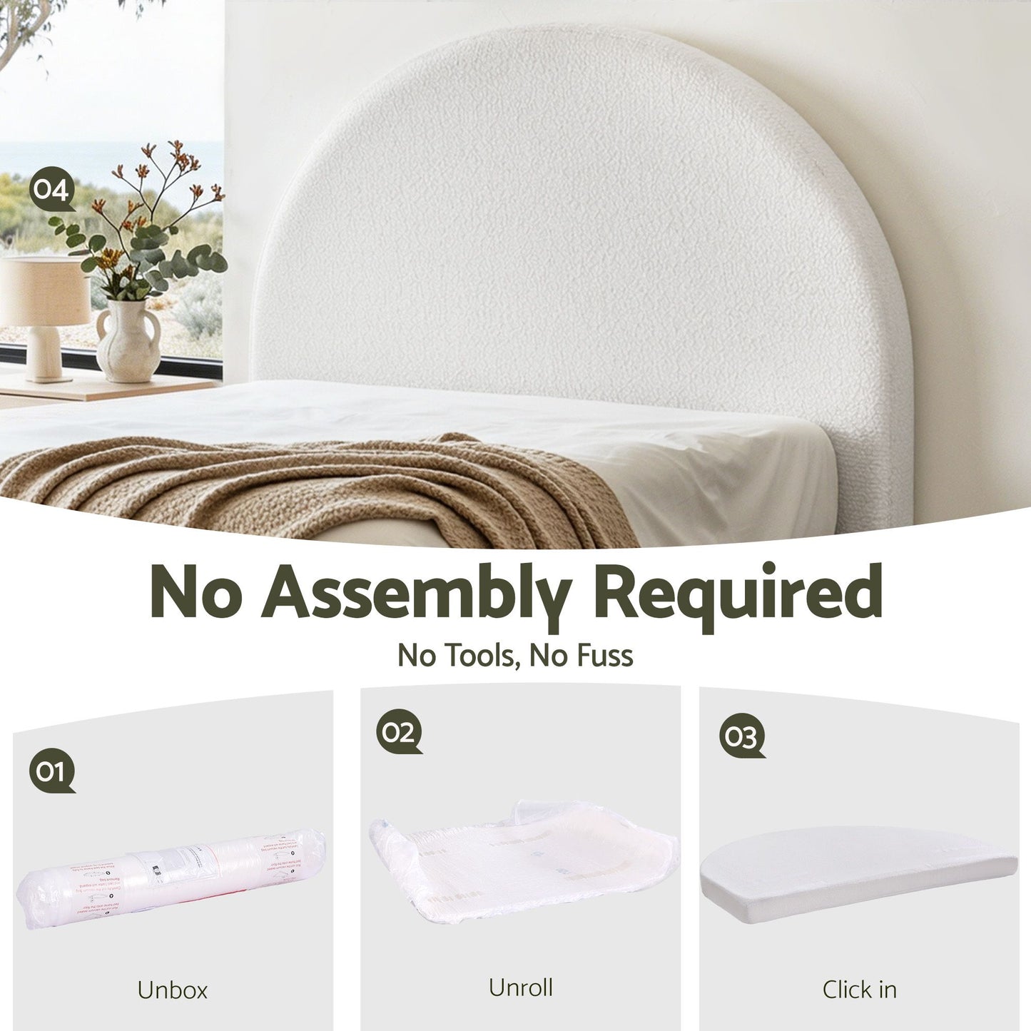 Headboard Boucle Fabric Vacuum Compressed 171cm Wide - White Queen