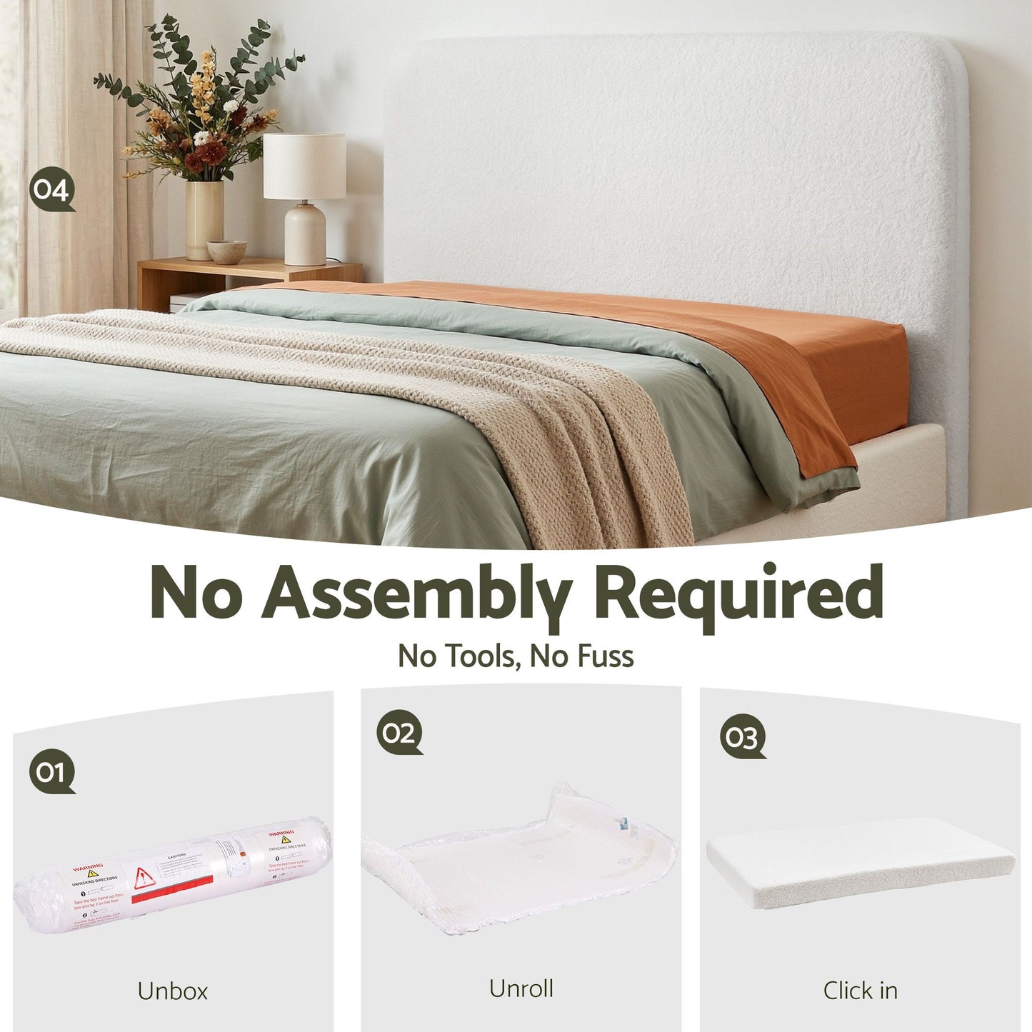 Headboard for Bed Frame Boucle Fabric No-Assembly Vacuum Compressed Soft Backrest with Removable Washable Cover 172cm Wide - White Queen