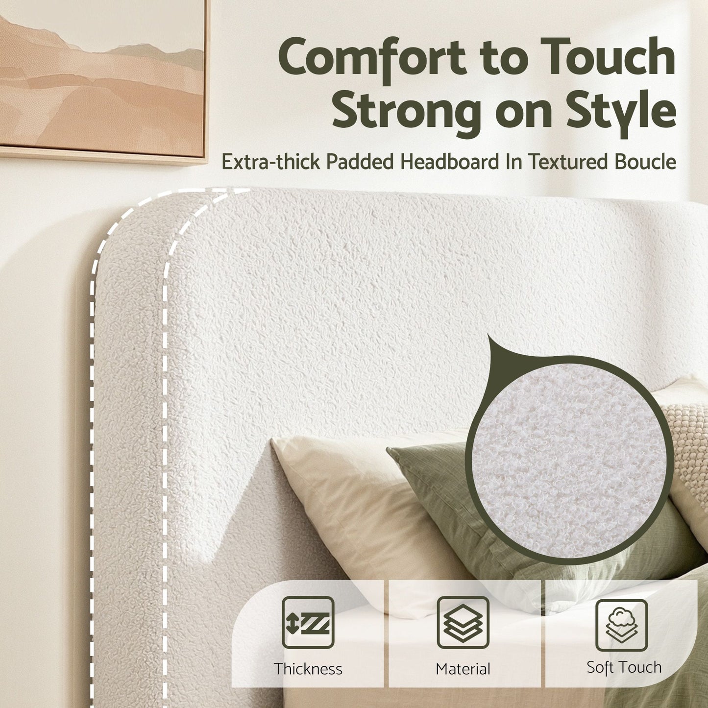 Headboard for Bed Frame Boucle Fabric No-Assembly Vacuum Compressed Soft Backrest with Removable Washable Cover 172cm Wide - White Queen