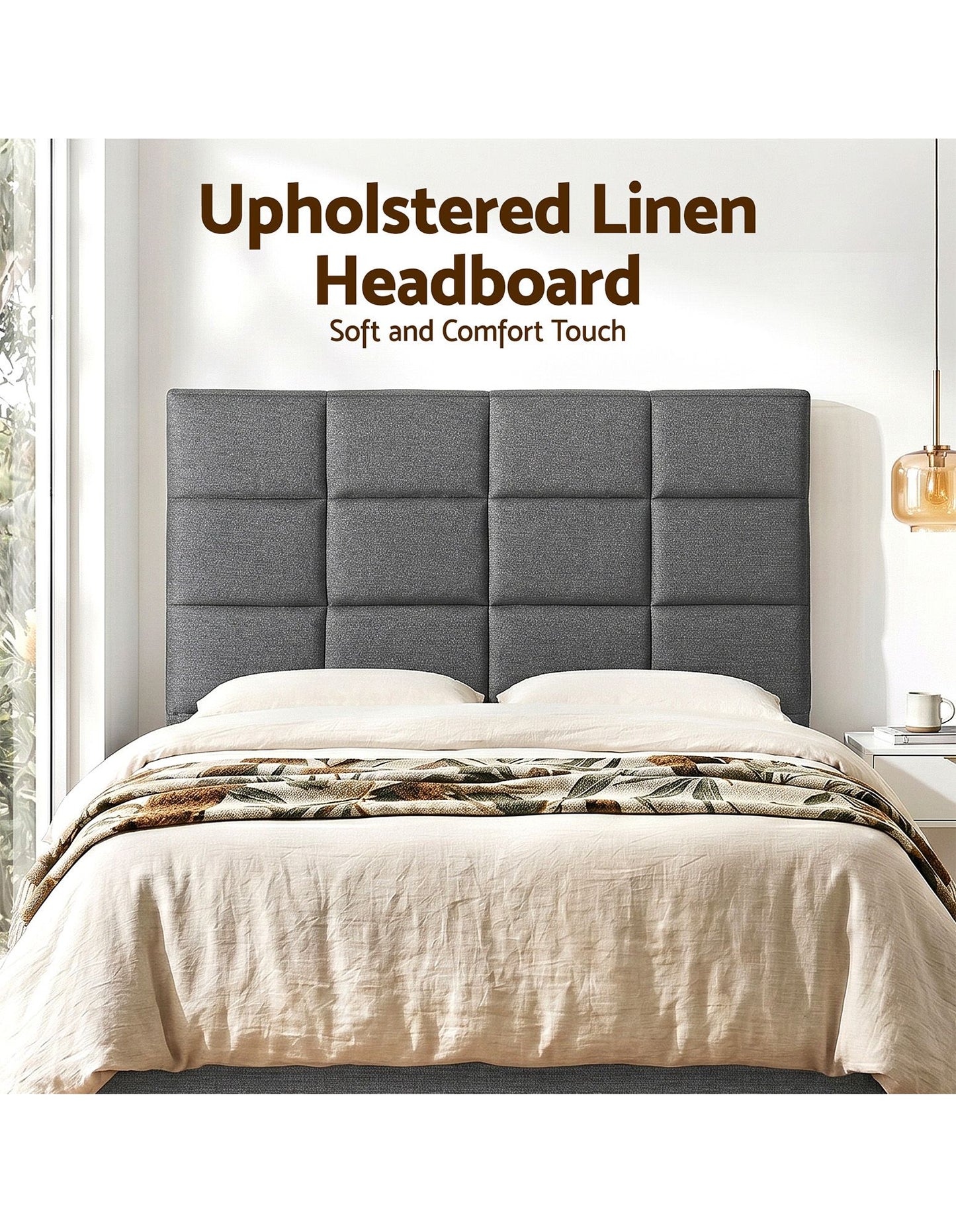 Bed Headboard Linen Fabric - Charcoal Double