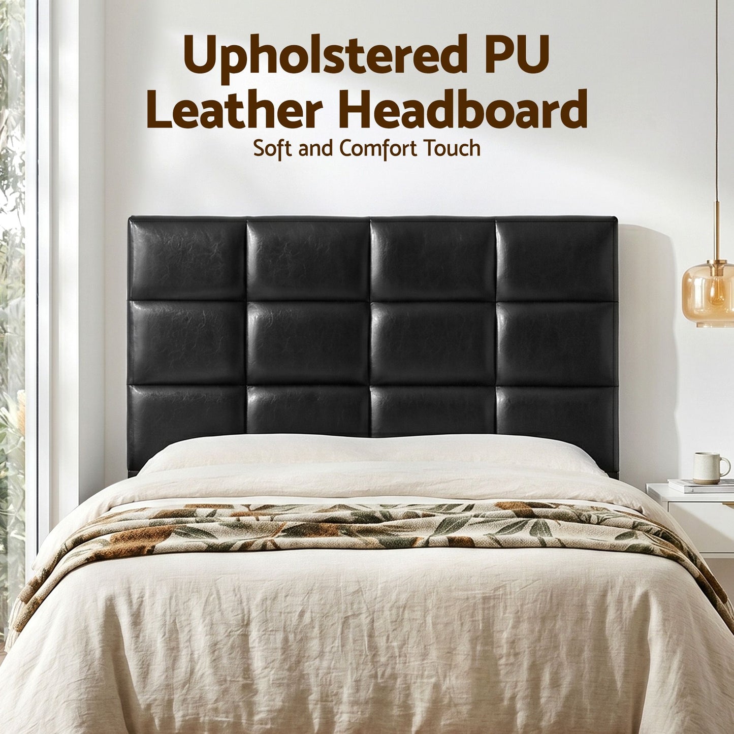 Bed Headboard PU Leather - Black Queen