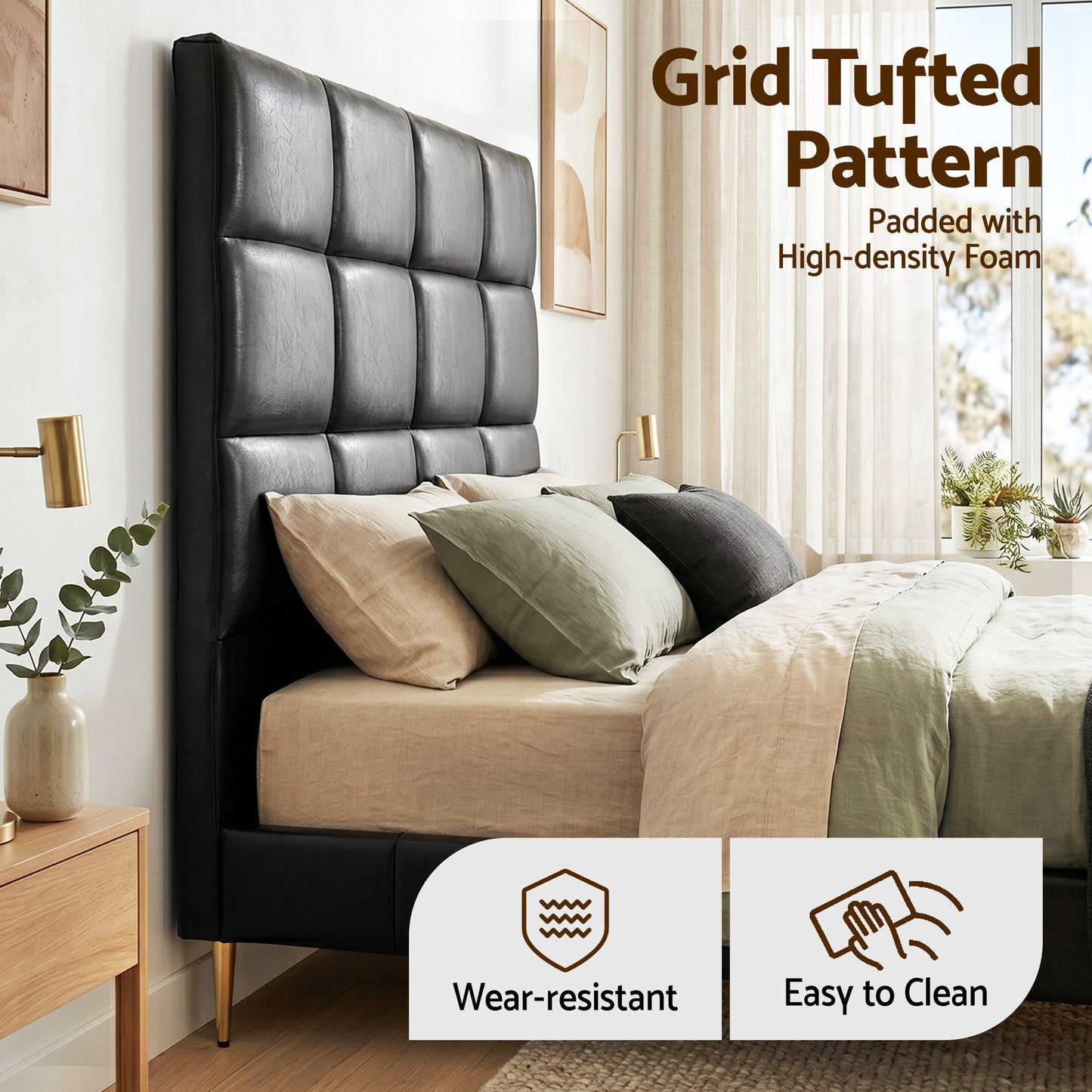 Bed Headboard PU Leather - Black Queen