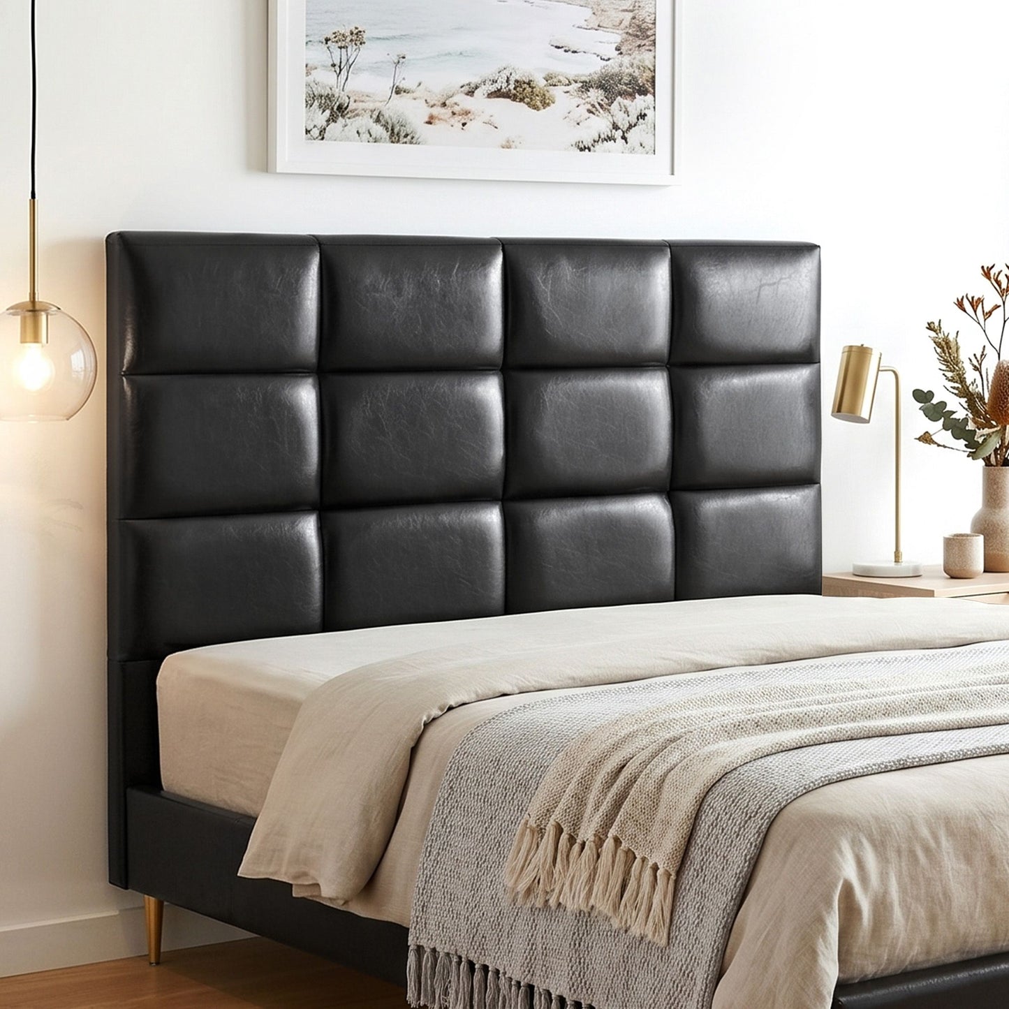 Bed Headboard PU Leather - Black Queen
