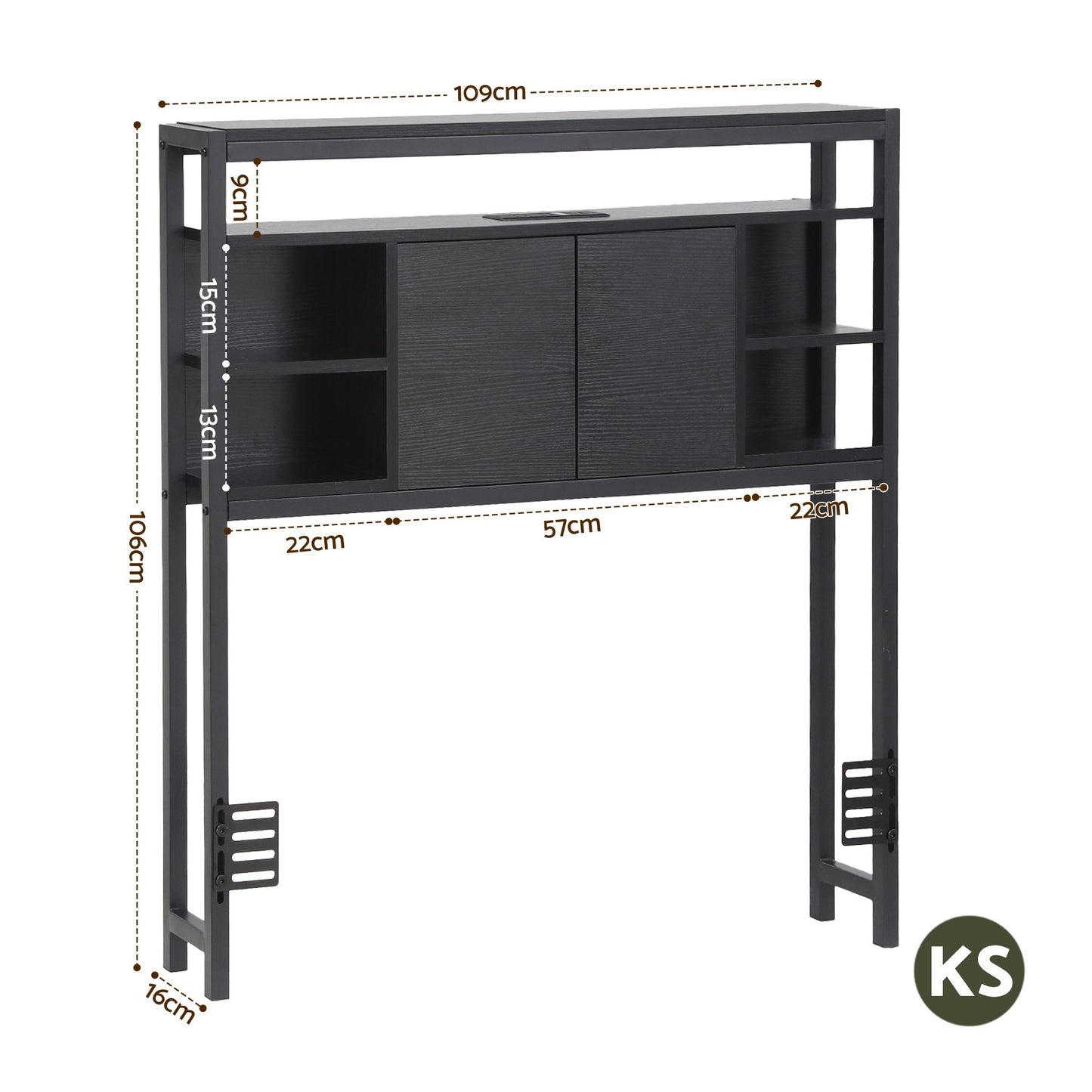 Bed Headboard Storage Charging Station - Black King Single
