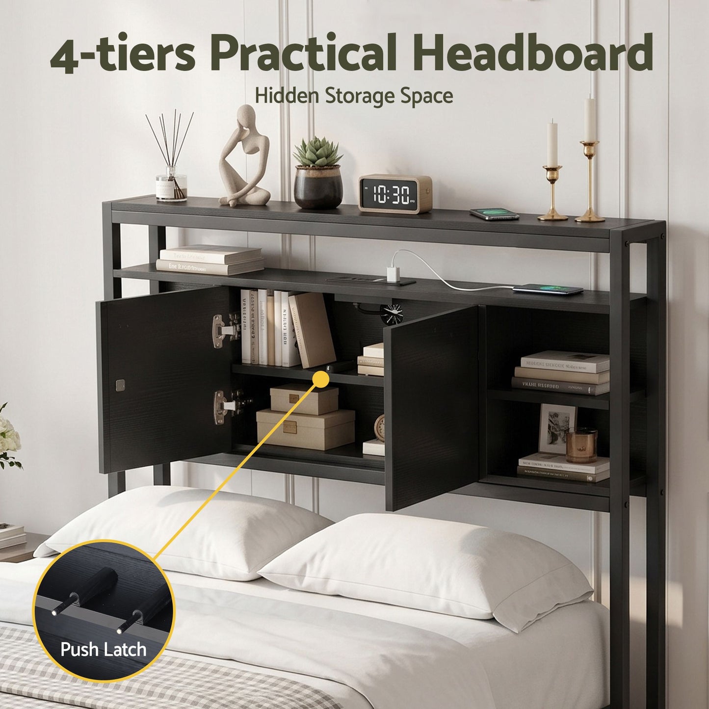 Bed Headboard Storage Charging Station - Black King Single