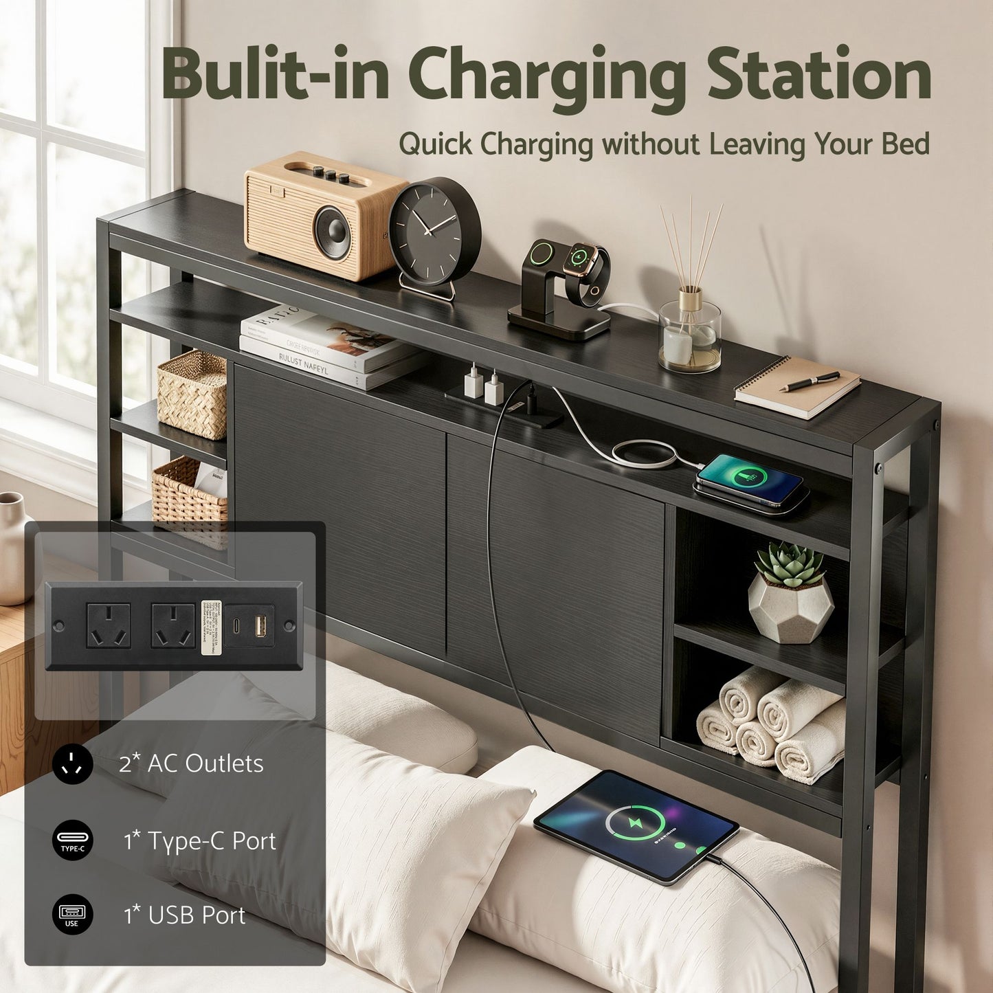 Bed Headboard Storage Charging Station - Black King Single