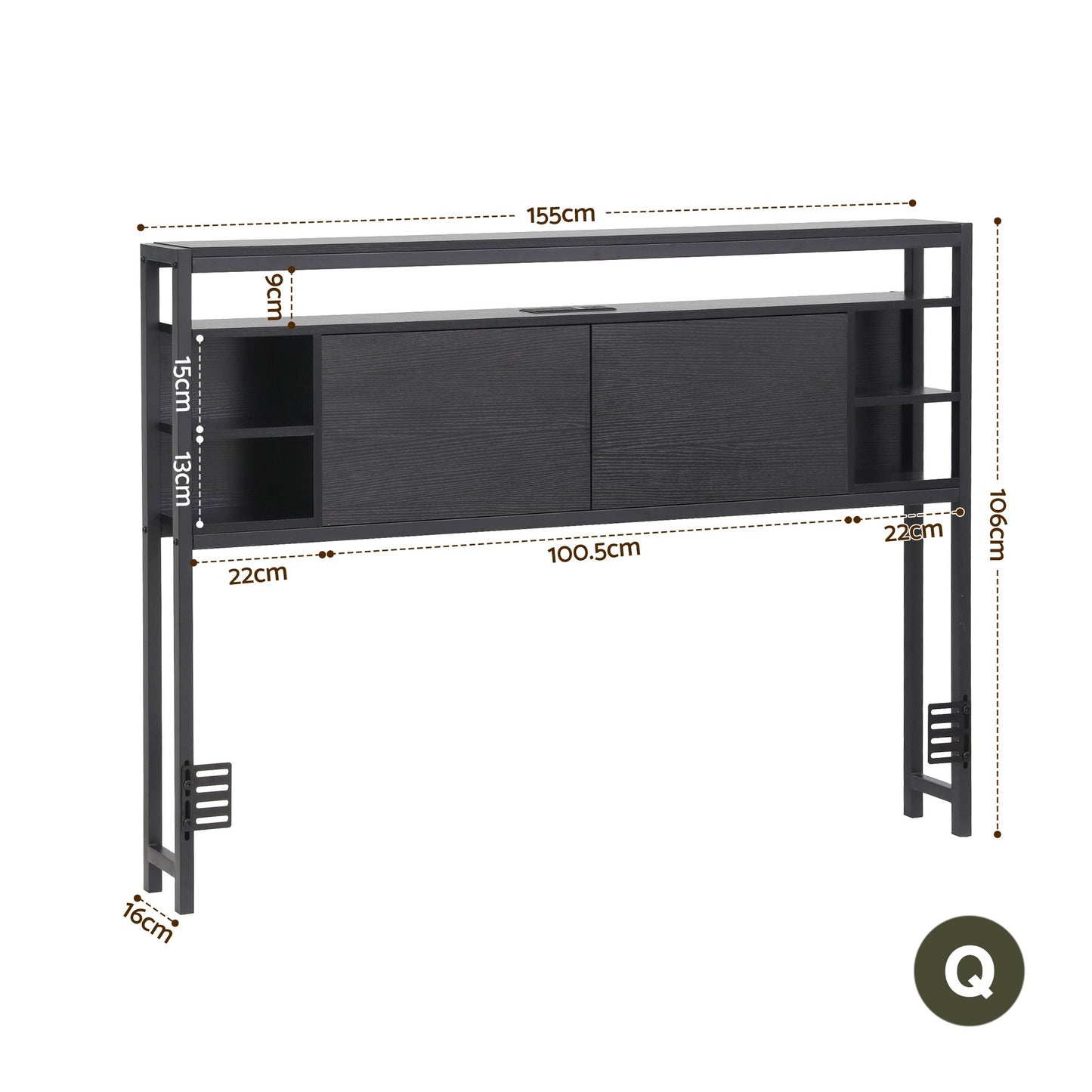 Bed Headboard Queen Storage Charging Station - Black Queen