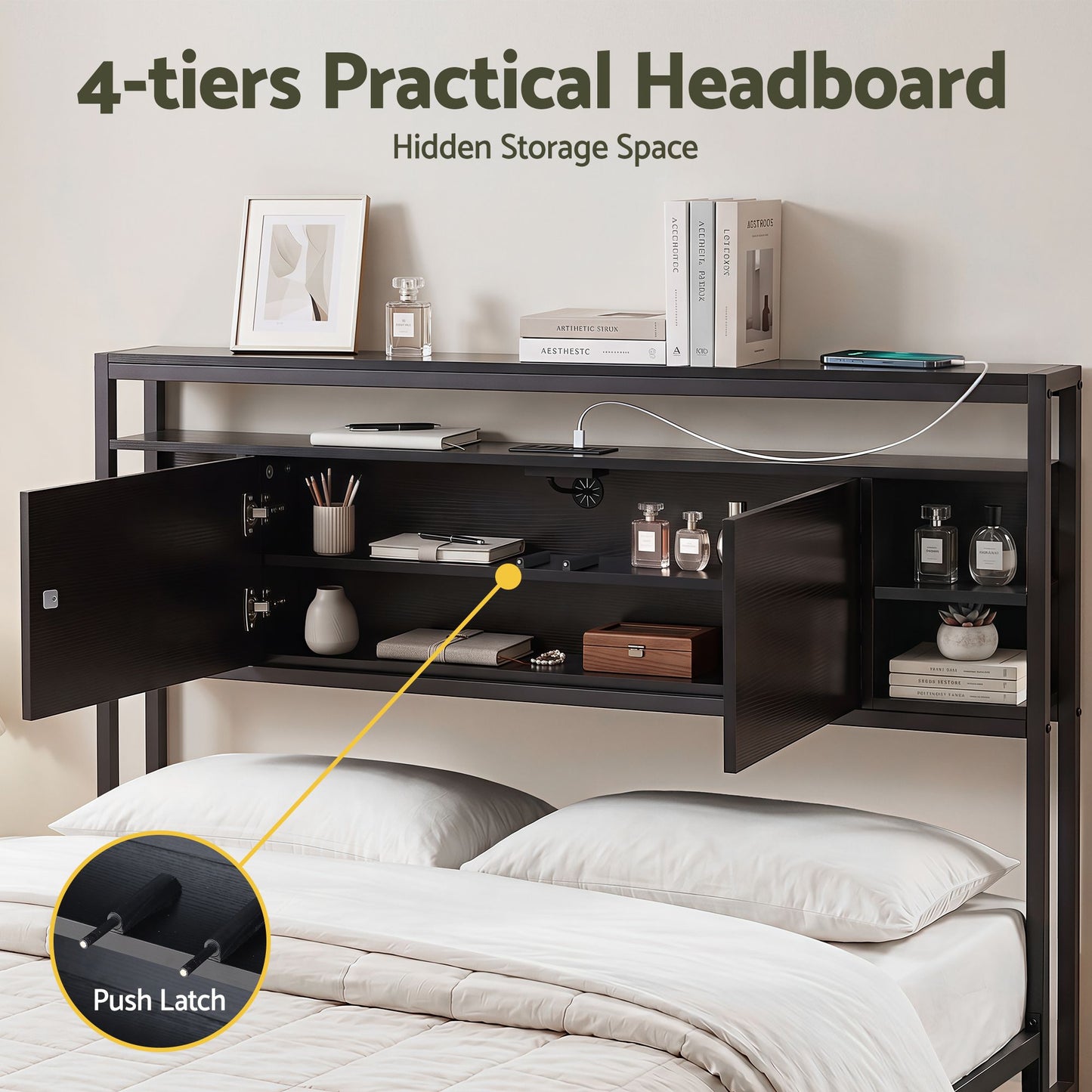 Bed Headboard Queen Storage Charging Station - Black Queen
