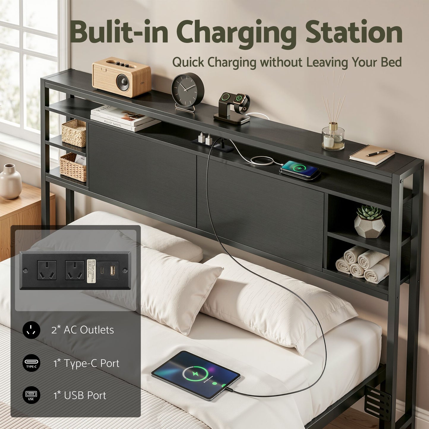 Bed Headboard Queen Storage Charging Station - Black Queen