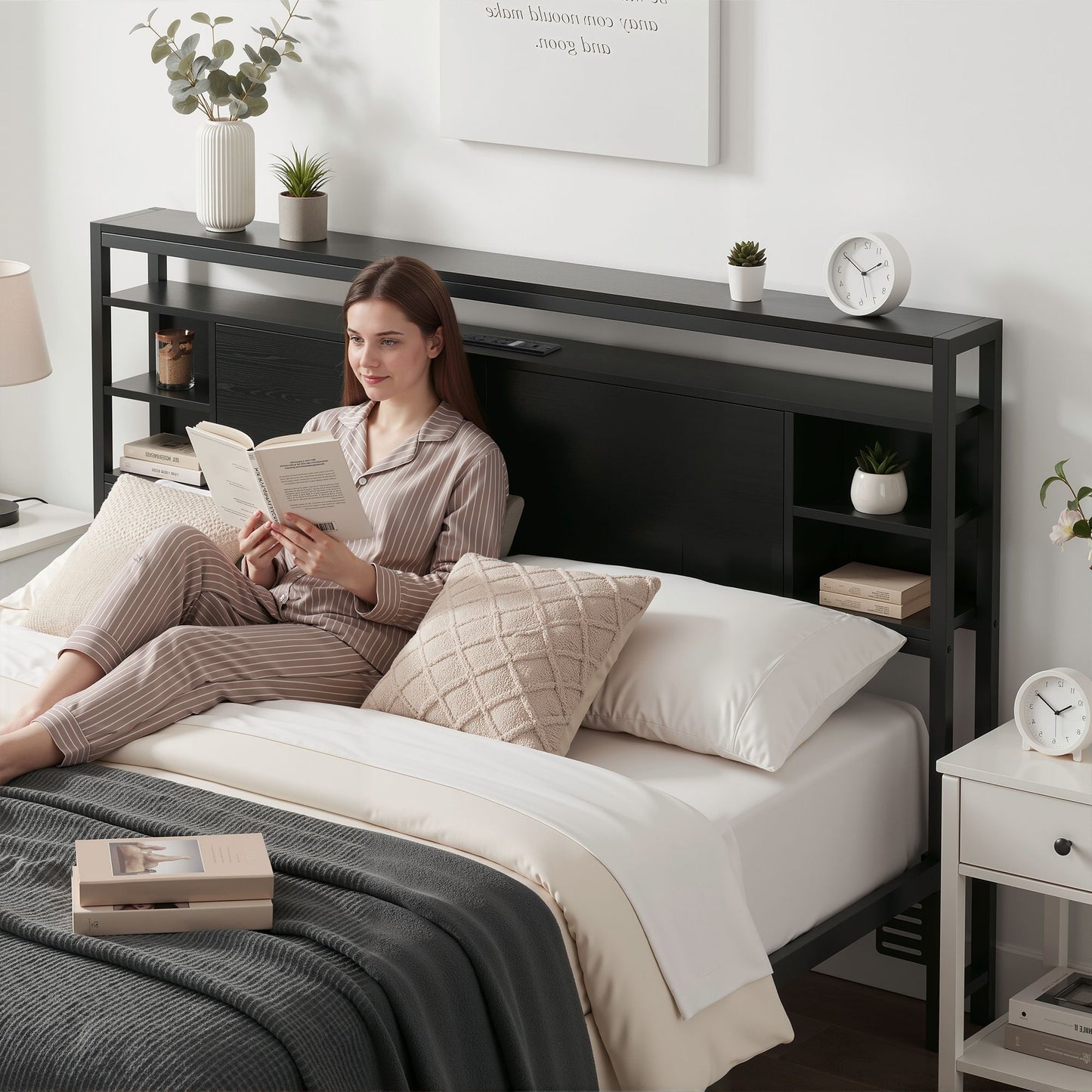 Bed Headboard Queen Storage Charging Station - Black Queen