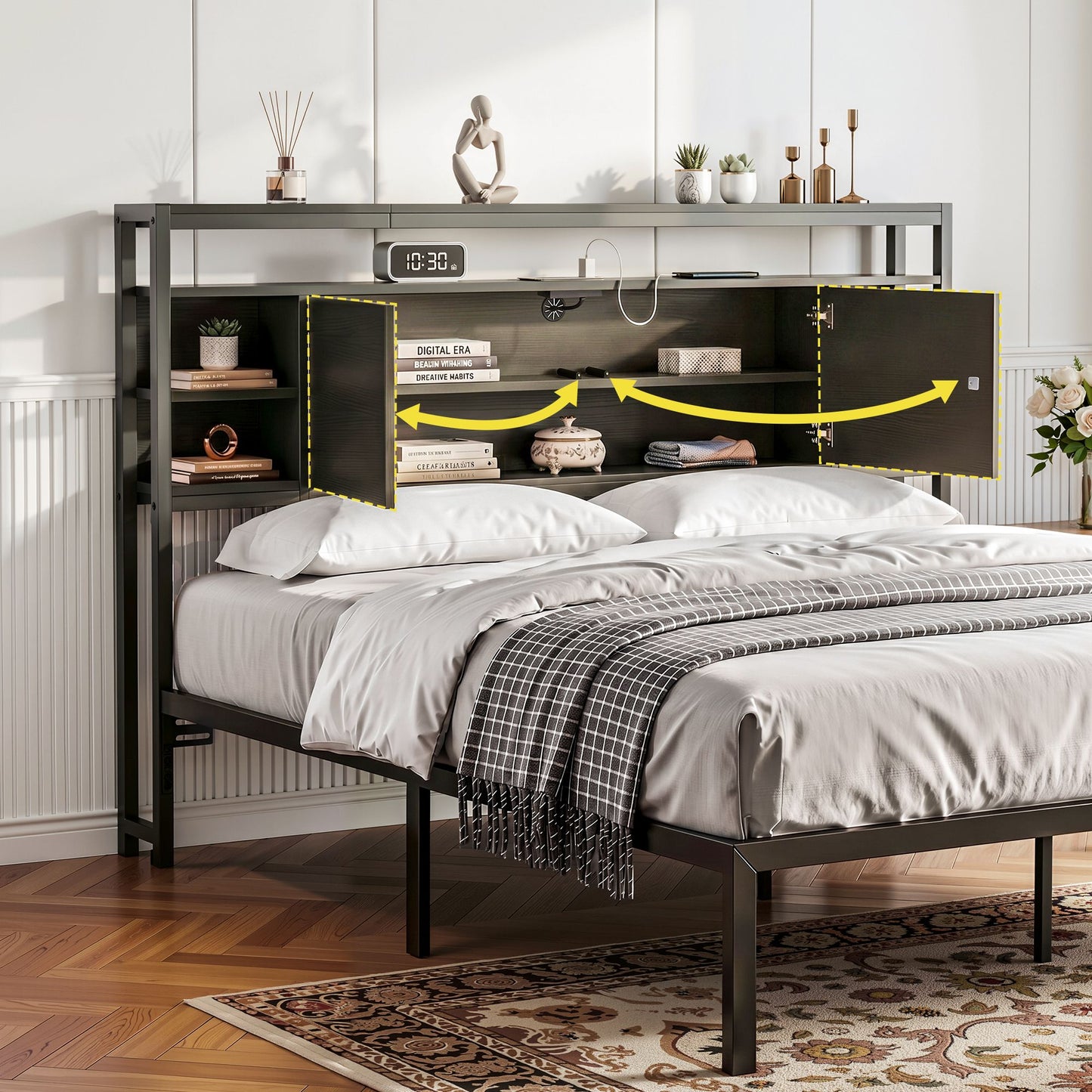 Bed Headboard Queen Storage Charging Station - Black Queen