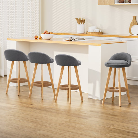 Set of 4 Bern Bar Stools Padded Linen Wooden - Grey