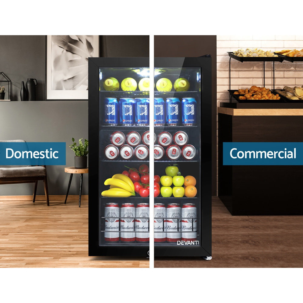 Devanti 115L Bar Fridge Glass Door with Light Black