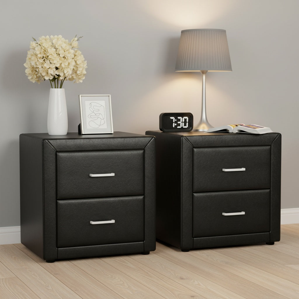 Set of 2 Kildonan Bedside Tables Side Table Leather with 2 Drawers - Black