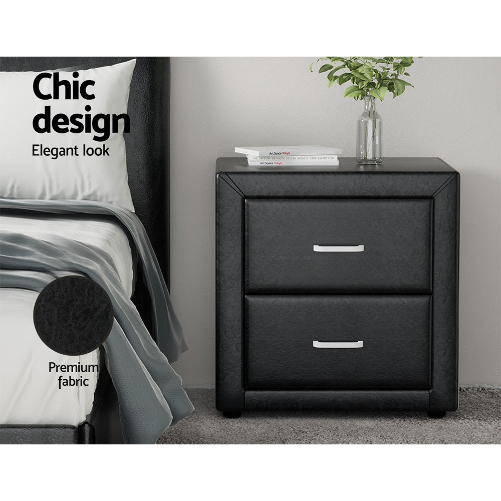 Set of 2 Kildonan Bedside Tables Side Table Leather with 2 Drawers - Black
