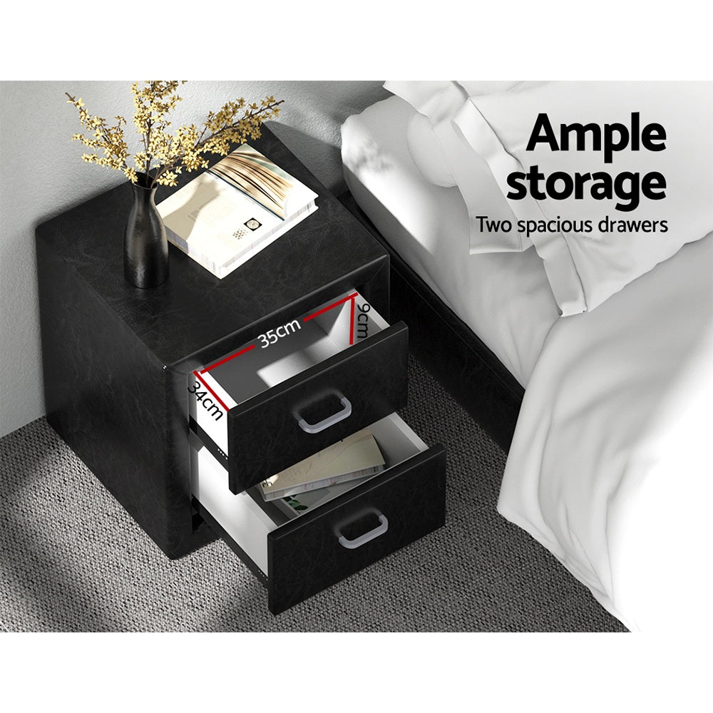 Set of 2 Kildonan Bedside Tables Side Table Leather with 2 Drawers - Black