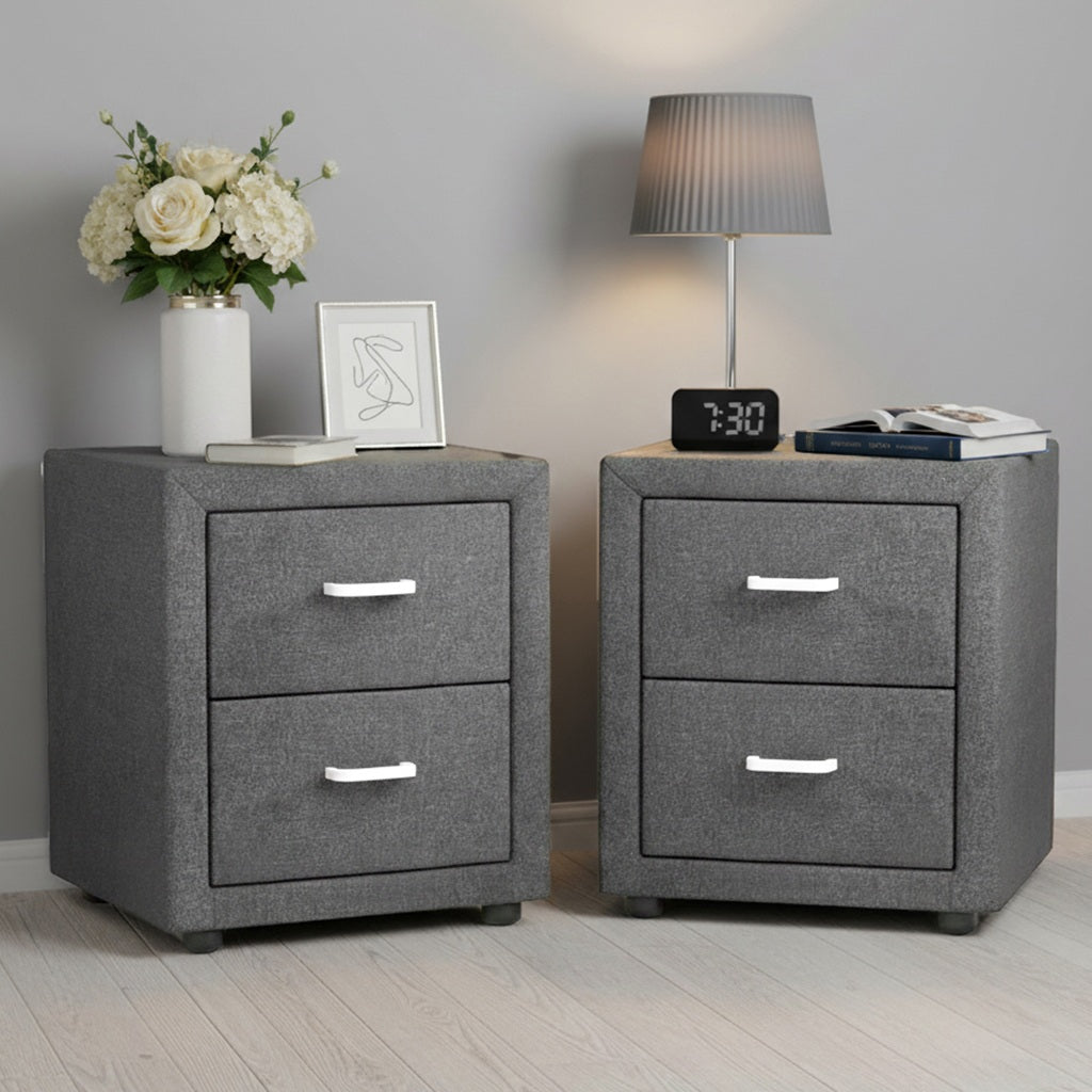 Set of 2 Kildonan Bedside Tables Side Table Fabric with 2 Drawers - Grey