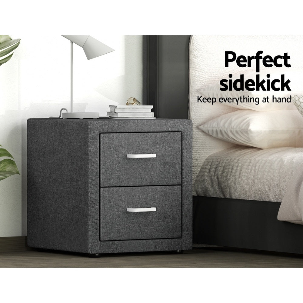 Set of 2 Kildonan Bedside Tables Side Table Fabric with 2 Drawers - Grey